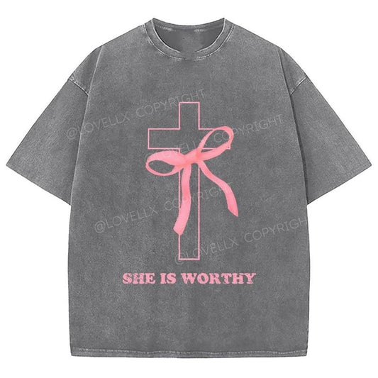 She Is Worthy Washed T-Shirt, Christian Tshirts, Christian Jesus shirts, Vintage 90s Graphic Tee Gift Cotton Top, Mineral color Casual Comfort
