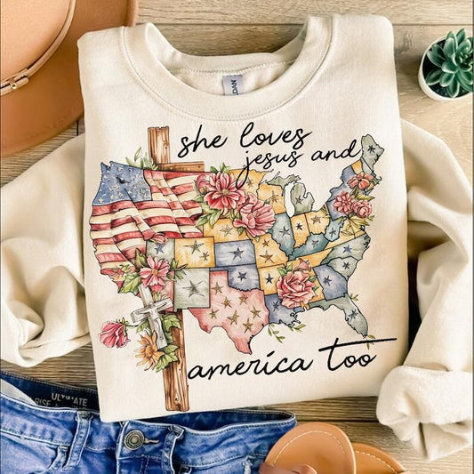 She Loves Jesus And America Too, 4th of july, Independence Day, Christian 4th of July, Jesus Lover America, Jesus Tshirt