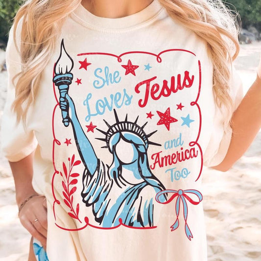 She Loves Jesus and America Too Shirt for Women Christian 4th of July Faith Patriotic Gift Unisex Premium 100% Cotton