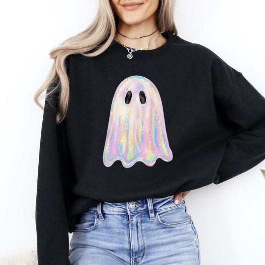 Shimmering Ghost, Iridescent Ghost, Boo, Cute Ghost, Faux Glitter Ghost, Spooky Season, Halloween Sweatshirt