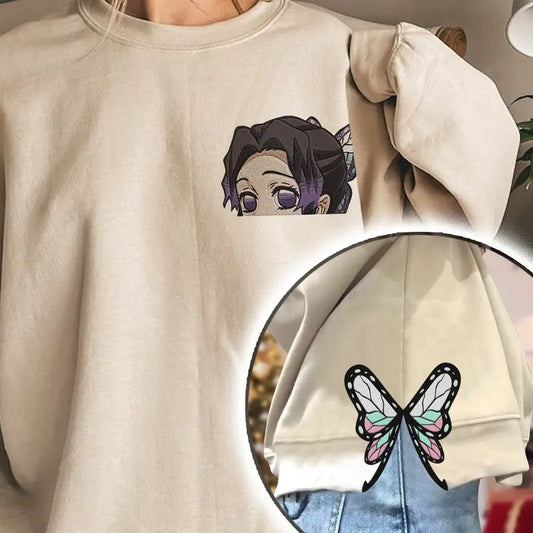 Shinobu Embroidered Sweatshirt with Side Bow, Shinobu Kocho Shirt, Demon Slayer Hoodie, Kimetsu No Yabai Merch, Anime Apparel for Fan,New Style Embroidered Shirt