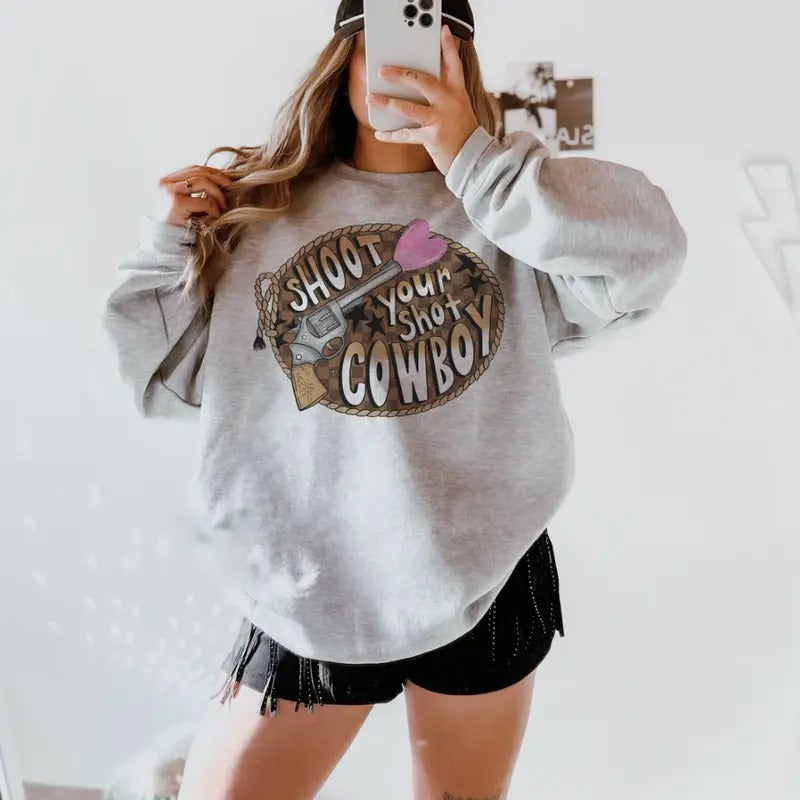 Shoot Your Shot Cowboy Checkered sweawtshirt, Retro Valentine crewneck shirt for women, western outfits women, western clothing stuff for women, country girl clothes hoodies
