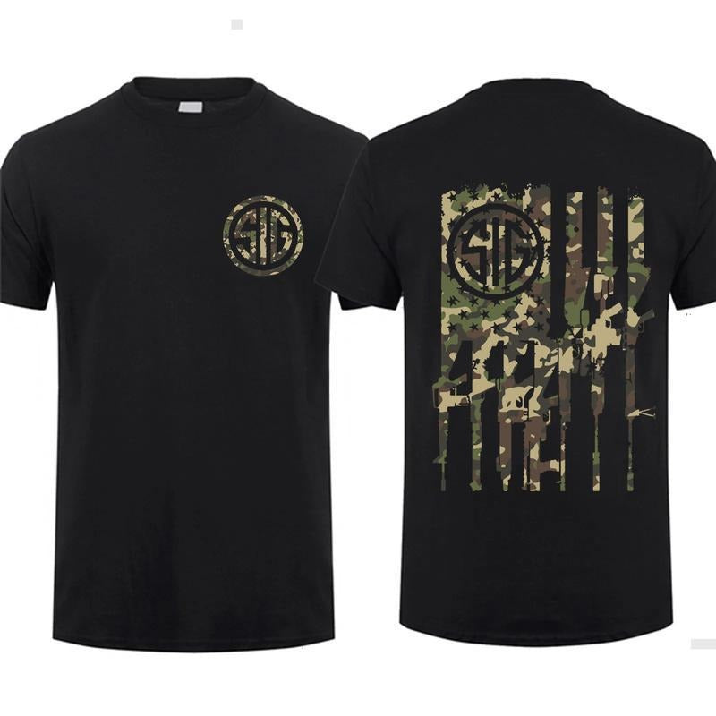 Sig Sauer T-shirt - Camo American Flag Military Style Nature Hunting Enthusiast Outfit Gift For Men And Women Dad Cotton