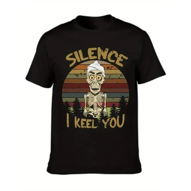 Silence I Keel You Graphic Print Black Crew Neck T-Shirt for Men - Comfortable Casual Wear with Short Sleeves and Round Collar - Humorous Slogan Tee for Everyday Fashion Made in USA