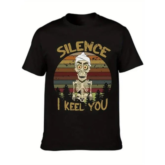 Silence I Keel You Graphic Print Black Crew Neck T-Shirt for Men - Comfortable Casual Wear with Short Sleeves and Round Collar - Humorous Slogan Tee for Everyday Fashion Made in USA