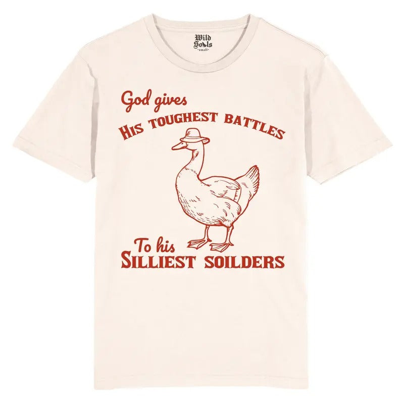 Silly Duck, Silly soldiers, does he , T Shirt, Funny, Raccoon, Meme, Cartoon Tee Shirt, Retro Tee, Fun Gift, for her, him, unisex off white