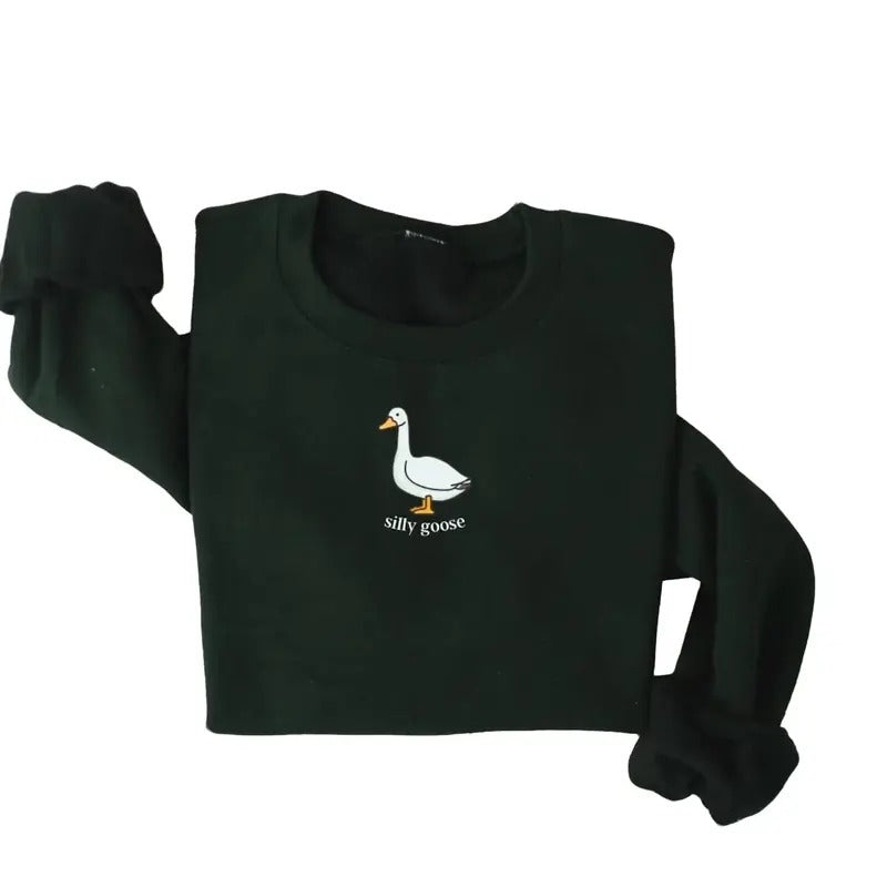 Silly Goose Sweatshirt, Goose Crewneck Printed Cotton Sweatshirt, Gift for Friend Clothing Pullover Classic Menswear Casual Fabric Comfy