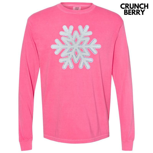 Silver & White Snowflake Sequin Patch Long Sleeve Comfort Colors T-Shirt