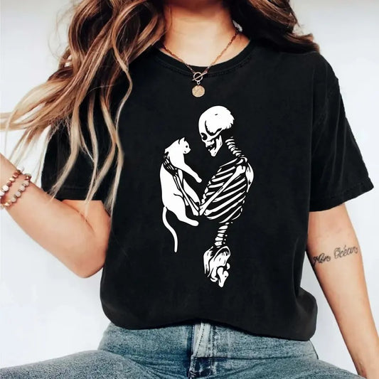 Skeleton And Cat T-Shirt, Skeleton Holding Cat Shirt, Spooky Cat Tee, Cat Owner Gift Tee, Halloween Cat Shirt, Halloween Party T-Shirt, Cat Lover Short Sleeve.