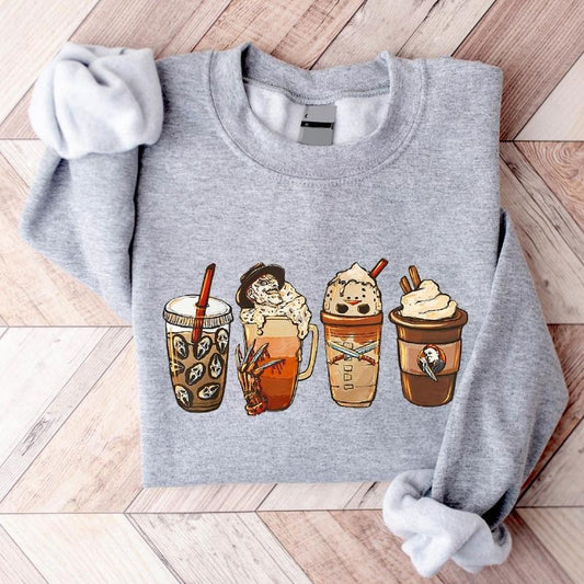 Skeleton Coffee Cups Sweatshirt, Horror Coffee Latte Hoodie, Unisex Coffee Lover Gift, Spooky Season Sweater, Woman Fall Sweater.