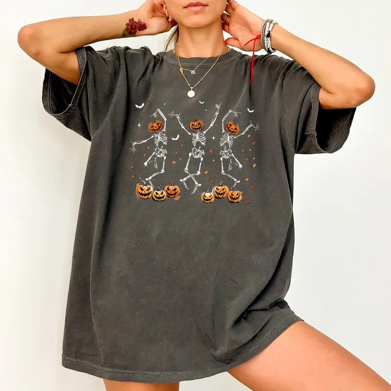 Skeleton Dancing Tee, Dancing Skeleton Pumpkin T-shirt, Spooky Season Unhinged Shirt, Funny Shirts For Women, Retro Halloween Vibes Tee, Fall Vibes Retro Shirt, Comfy Fabric Graphic Tee, Women's Tops, Womenswear, Cotton Fabric Relaxed Fit Chic Style