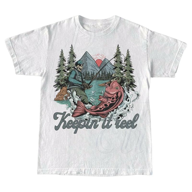 Skeleton Fishing Vintage 90s T-Shirt, Retro Skull Fishing Graphic Shirt, Oversize Nature Y2k Shirt, Fishing Lovers Gift Menswear Top Underwear Tshirt