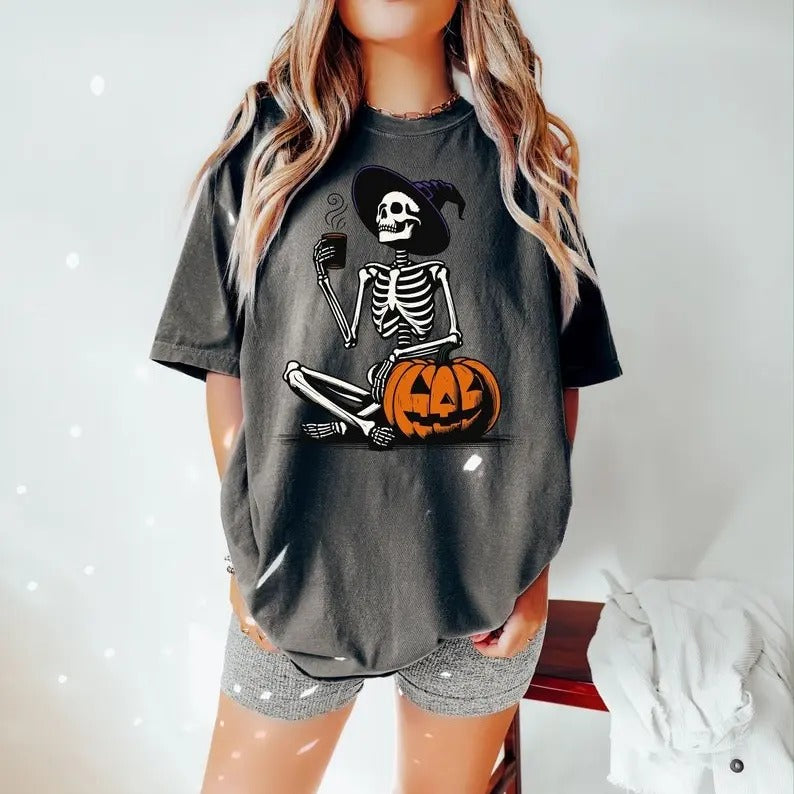 Skeleton Pumpkin Shirt, Coffee Lover Skeleton Shirt, Fall Coffee Latte Shirt, Retro Halloween Shirt, Womens Halloween Shirt Top Womenswear
