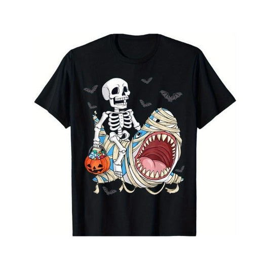 Skeleton Riding Mummy Shark Funny Halloween Pumpkin T-Shirt for Men, Unsex Soft Fabric, Breathable, Comfortable Short Sleeve Tees Perfect for Summer, Birthday Gift to Men Made in USA