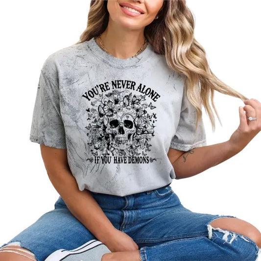 Skull Graphic 'You Are Never Alone With Your Demons' Garment Dyed T-Shirt | Alternative Grunge Aesthetic | Sizes S to 5XL | Single Color Unisex Tee | Perfect for Goth & Emo Styles with bold, Edgy Design | High-Quality Cotton | Soft &  Comfortable Fit