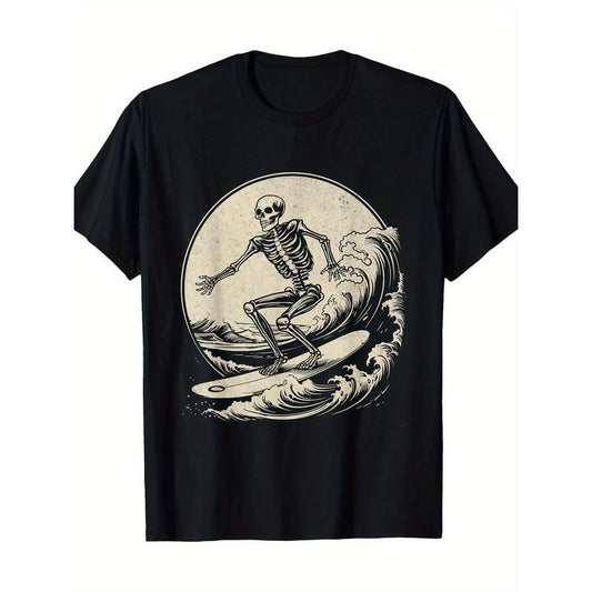 Skull Surfer retro Big Wave surfing Fun Halloween 100% cotton T-shirt Made in USA