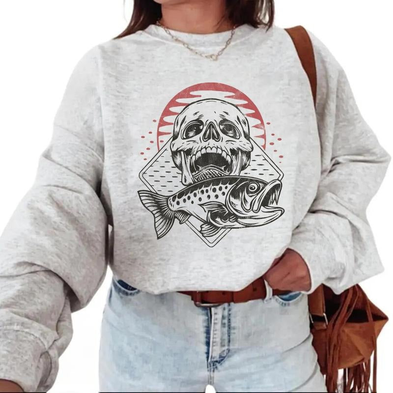 Skull and Fish Dark Fishing Adventure Vintage Sweatshirt Country Fisherman Fisherman for T-Shirts Cotton Pullover Womenswear