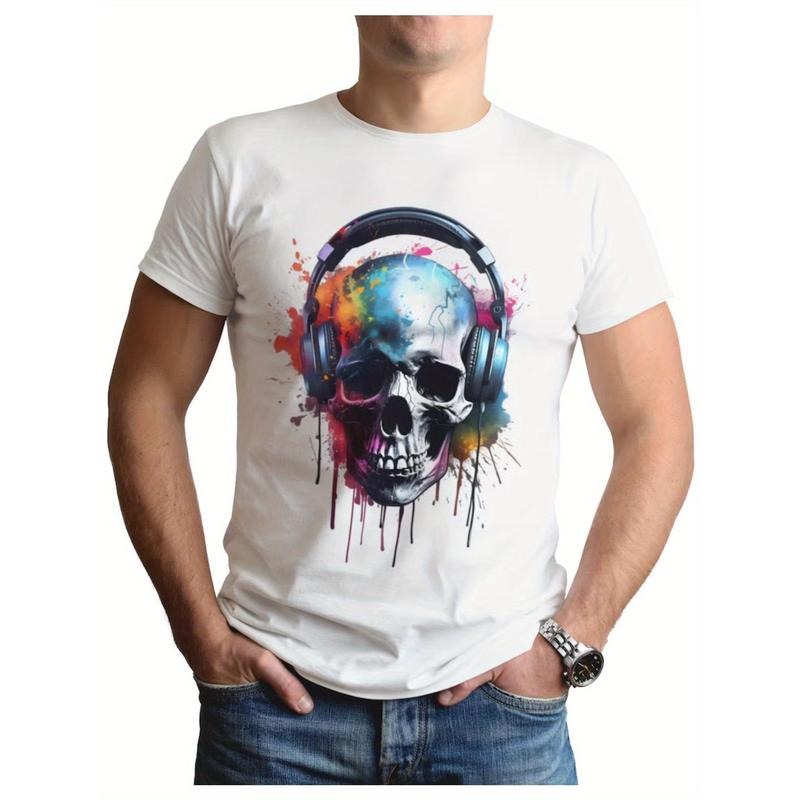Skull earphone print men's fashion T-shirt, men's T-shirt, trendy cotton short-sleeved top, crew neck comfortable T-shirt, super soft, refreshing, summer casual short-sleeved T-shirt Made in USA