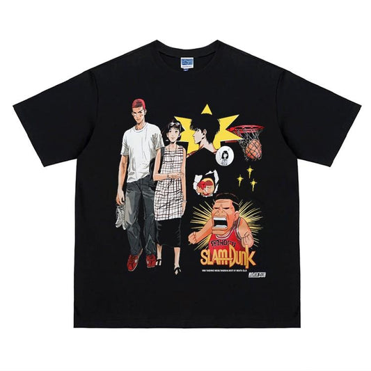 Slam Dunk "Youth" Heavyweight Vintage Tee 100% Cotton OVERSIZED Anime T-shirt Menswear Top Crew Necks Tshirt Casual Streetwear Black Crewneck Tropical Shortsleeve