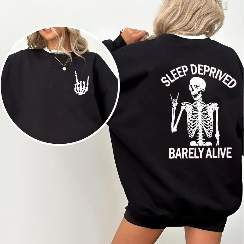 Sleep Deprived Barely Alive Skeleton 2-Sided Sweatshirt, Vintage Graphic Pullover, Casual Streetwear Top for Men & Women