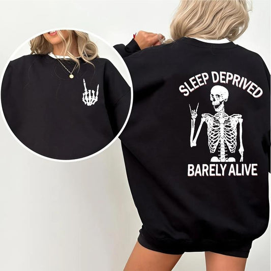 Sleep Deprived Barely Alive Skeleton 2-Sided Sweatshirt, Vintage Graphic Pullover, Casual Streetwear Top for Men & Women