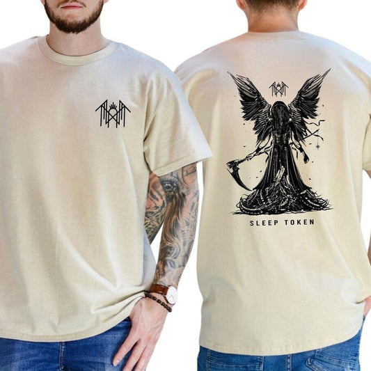 Sleep Token - Reaper Angel - Take Me Back To Eden Print Casual Print Vintage 2 Sided Shirt Soft Fabric Short Sleeve Shirt Cotton Top Menswear