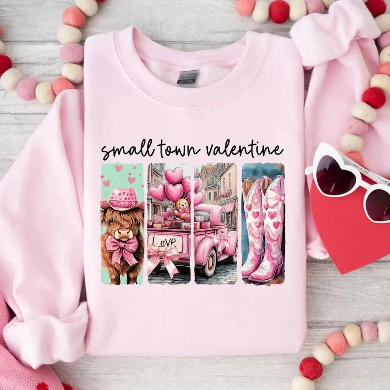 Small Town Valentine Shirt, Howdy Valentines Sweatshirt, Vintage Valentines Day Hoodie, Western Valentine's Day Sweater, Highland Cow Shirt