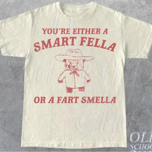 Smart Fella or Fart Smella: Vintage-Style T-Shirt DRG with Retro Cartoon, Quirky Meme, Panda Print - Weird Tee in Relaxed Cotton