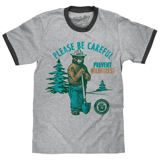 Smokey Bear Please Be Careful Prevent Wildfires Ringer T-Shirt - Gray and Black