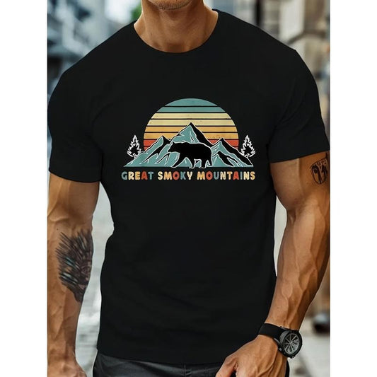 Smoky Mountain Graphic Men's T-Shirt - Premium Cotton, Comfort Fit for Casual Attire & Outdoor Activities, Smoky Mountain, Printed, Men's T-shirt, High-quality Cotton, Comfortable made in usa