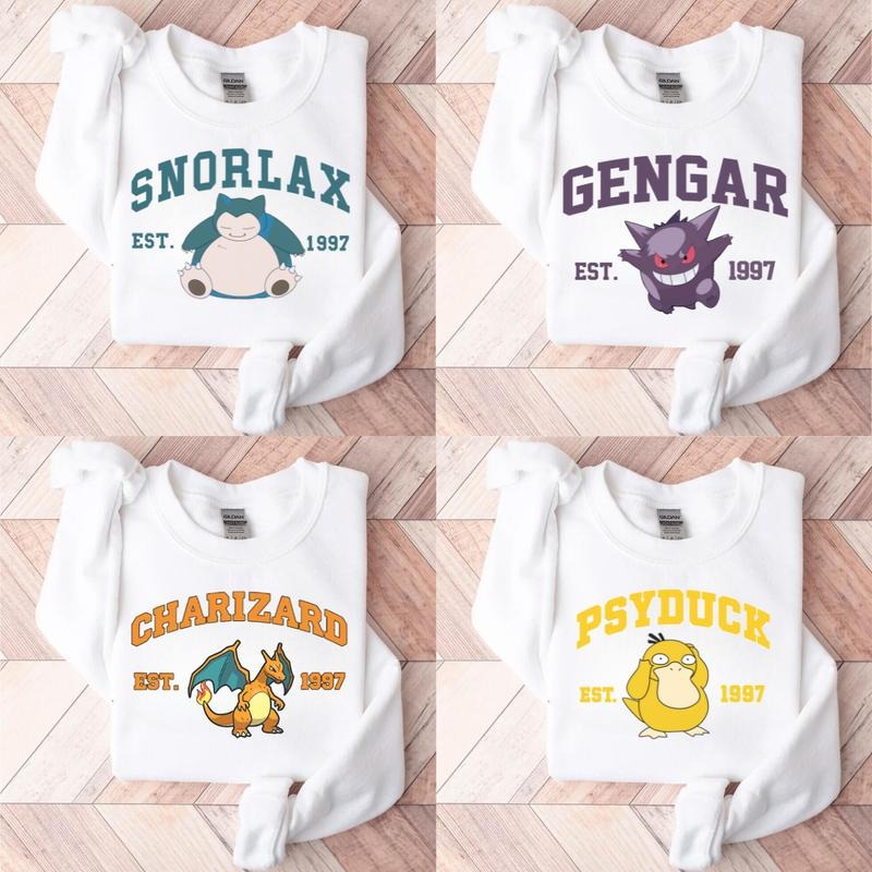 Snorlax, Gengar, Charizard, Psyduck, Bulbasaur Graphic Sweatshirt, Pkm Characters Sweatshirt, Anime Shirt, Graphic Design, Anime Sweatshirt Hoodie, Anime Lover Sweatshirt Menswear