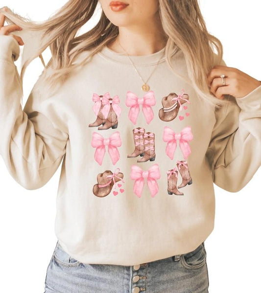 Soft Girl Aesthetic Sweatshirt, Coquette Pink Bows And Boots Shirt, Cute Girly Cowgirl Sweatshirt, Country Western Shirt, Unisex Sweatshirt, Gifts For Bestie Sister, Long Sleeve Crewneck Shirt, Gifts For Birthday Mothers Day Womenswear Comfortable