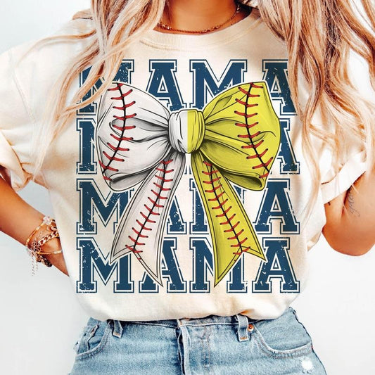 Softball Baseball Mama T-Shirt, GameDay, Mama T-Shirt, Team Spirit, Game Day, Baseball Softball Bow T-Shirt, Half Baseball Half Softball Coquette T-Shirt