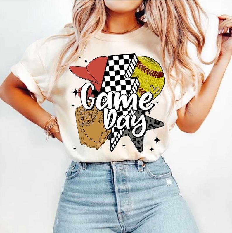 Softball, Game Day Softball, Retro Checkered Softball, Softball Mama, Softball Mom, Leopard Coquette Tshirt