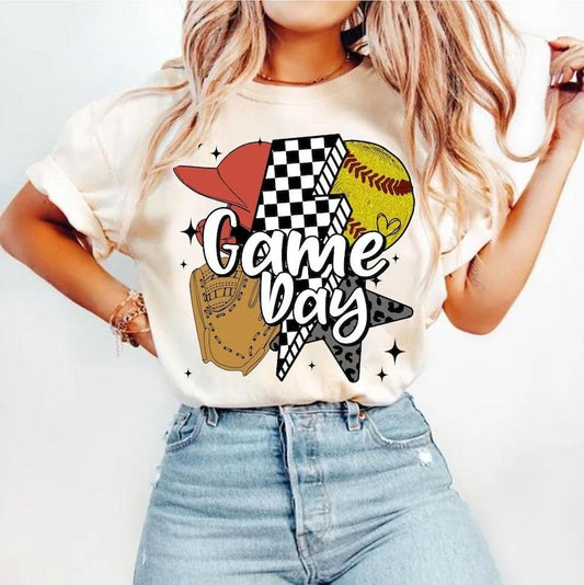 Softball, Game Day Softball, Retro Checkered Softball, Softball Mama, Softball Mom, Leopard Coquette Tshirt