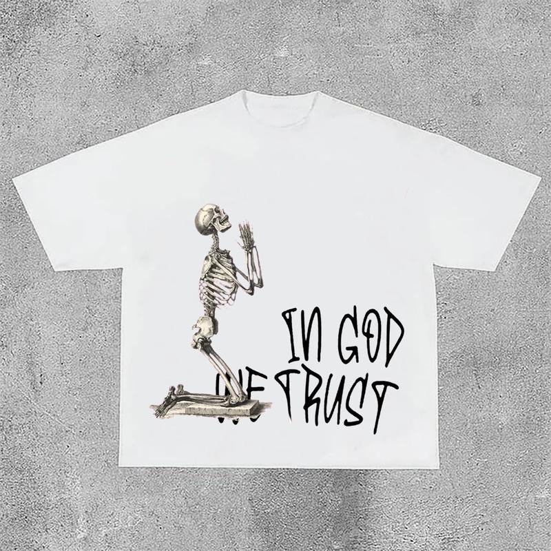 Sopula In God We Trust Letters Skull Print Short Sleeve T-Shirt