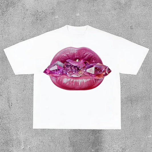 Sopula Sexy Jeweled Lips Print Graphic Cotton Tees