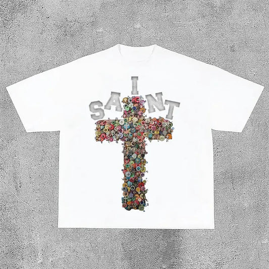 Sopula Vintage Saint Cross Graphics Printed Cotton T-Shirt