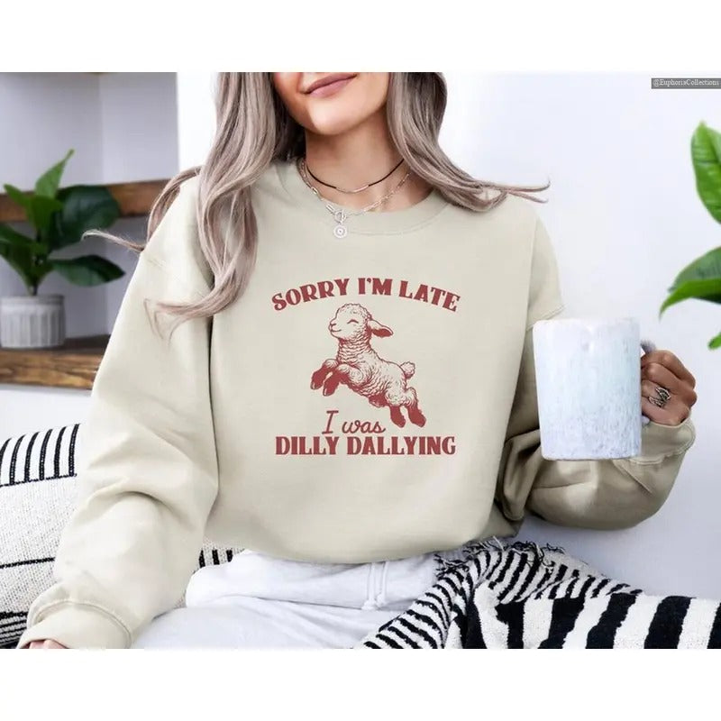 Sorry I'm Late I Was Dilly Dallying Baby Lamb Sheep Sweatshirt Hoodie T-Shirt, Cute Vintage Sheep Shirt, Funny Animal Sweater , Global Trending Outfits