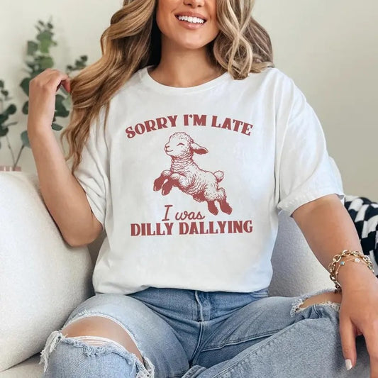 Sorry I'm Late I Was Dilly Dallying Tshirt, Vintage Animal Sayings Tee, Funny Sloth and Sheep Shirt Design, Retro Nostalgia Aesthetic
