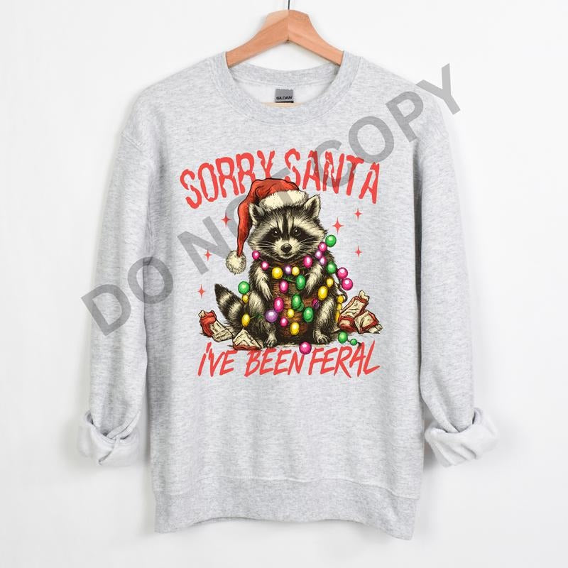 Sorry Santa I've Been Feral  Cotton Casual Crewneck Sweatshirt Hoodie Women's Graphic Top Pullover Streetwear Style Vintage Crew Neck Comfortable Machine Washable style 02