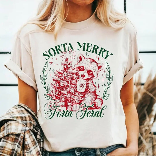 Sorta Merry Sorta Feral Christmas Shirt, Funny Christmas Shirt Shirt Retro Shirt, Vintage Tee Meme Shirt