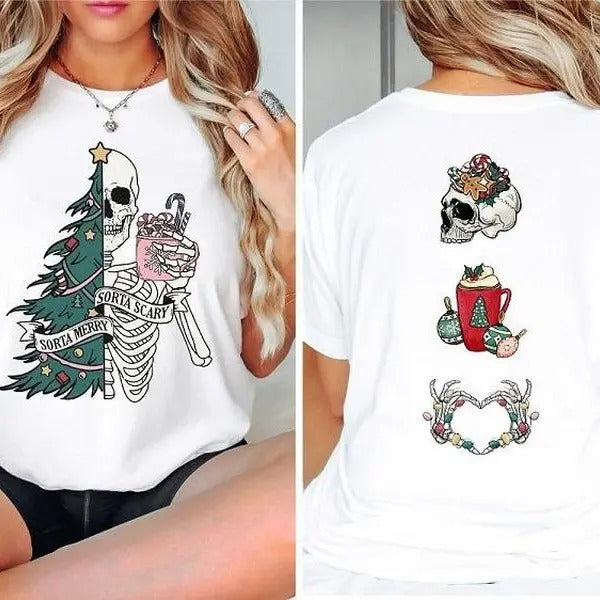 Sorta Merry Sorta Scary Christmas Two Sides Tshirt Sweatshirt, Christmas Tree Skeleton, Funny Christmas Skull, Unisex Sweater Pullover Tee