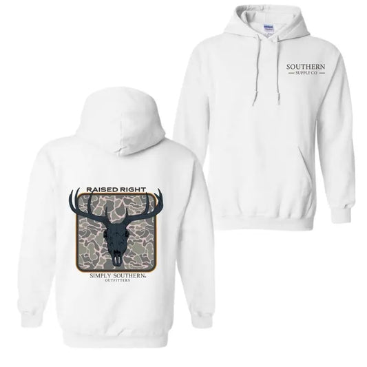 Southern Outfitters Raised Right T-Shirt, Hoodie Bold Deer Skull Design , White Camo Graphic Tee , Unisex Shirt for Outdoor Enthusiasts , Comfortable and Stylish Apparel