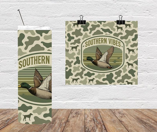 Southern Vibes 20oz Stainless Steel Retro Marsh Tumbler with Lid & Straw Camo Design Duck & Dog Pattern
