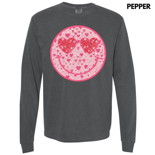 Sparkle Heart Happy Face Long Sleeve Comfort Colors T-Shirt 'NLB'