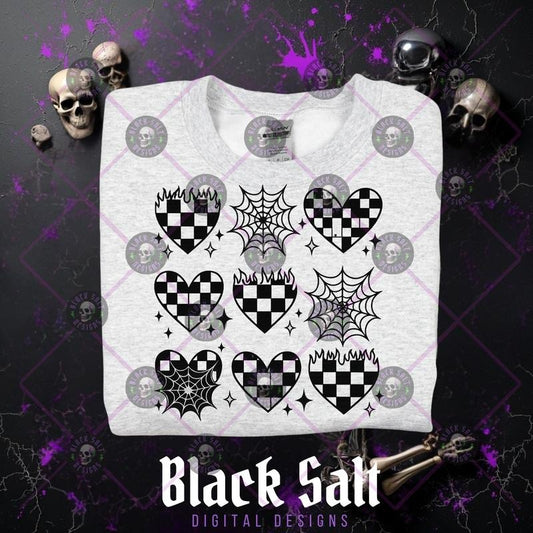 Spider Webs, Checkered Hearts Halloween Grunge Alt Cotton Crewneck Sweatshirt Hoodie Women's Graphic Top Pullover Streetwear Style Vintage Crew Neck Comfortable Machine Washable Womenswear