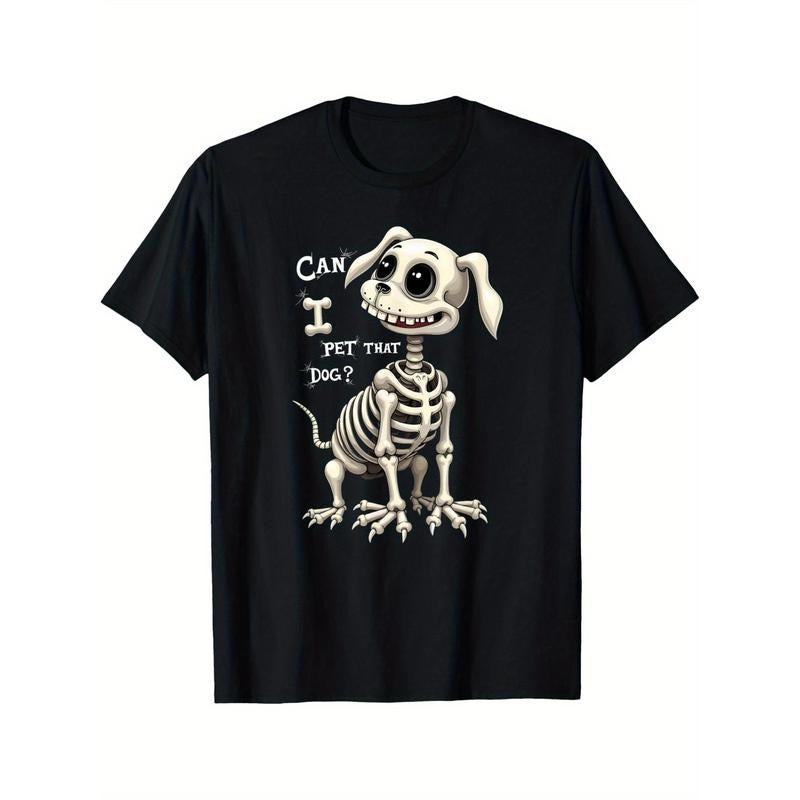 Spooky Can I Pet That Dog Skeleton T-Shirt- Halloween Gifts for Men, Black Casual Short Sleeve Sport Tee, , Unique Design, Fun Graphic Print, Soft and Comfortable Fabric made in usa