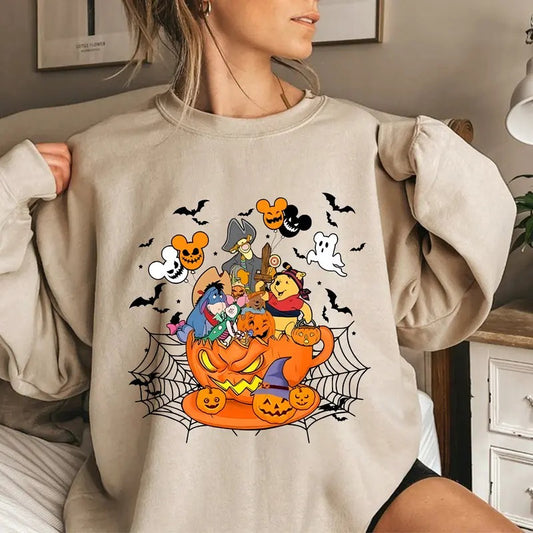 Spooky Halloween Pooh T-shirt, Retro Cute Characters Tee Shirt, Scary Pumpkin Sweatshirt, Pooh And Friends Shirt, Gift For Friends