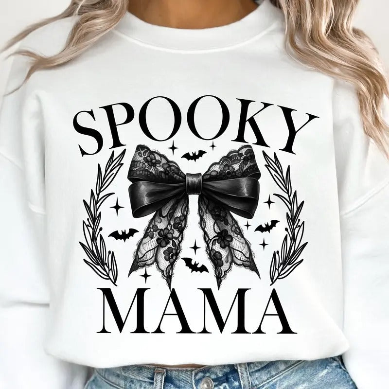 Spooky Mama Sweatshirt, Coquette Halloween Sweater, Spooky Season, Retro Halloween, Sweatshirt for Fall, Halloween Sweater, Round Neck Sweater for Women Womenswear Embroidered